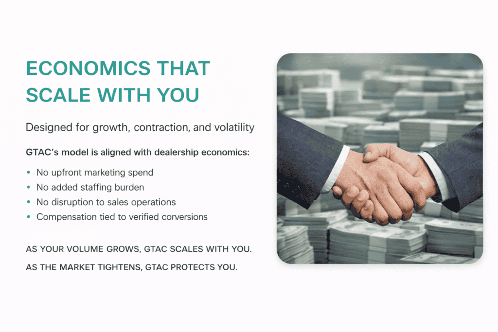 Economics that scale with you infographic showing GTAC model aligned with dealership economics including no upfront marketing spend, no added staffing burden, no sales disruption, and compensation tied to verified conversions