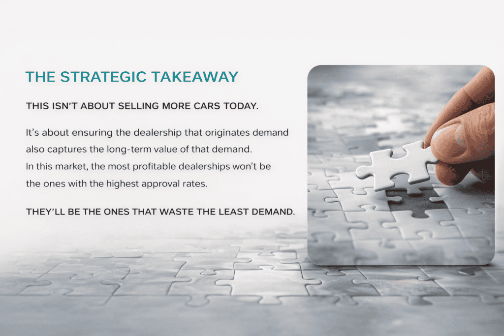 Strategic takeaway infographic showing that abandoned demand in auto dealerships is about capturing long-term value not immediate car sales with puzzle piece visual