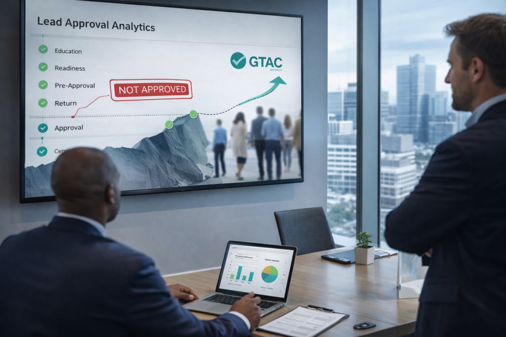 An operating layer for post-decline outcomes infographic showing auto dealers reviewing lead approval analytics on a screen with staff and text explaining that GTAC operates after declined leads where traditional systems stop